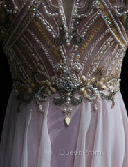 Gorgeous Pink A-Line Tulle High Neck Chiffon Long Beaded Backless Evening Prom Dresses Retro Wedding Birthday Dresses