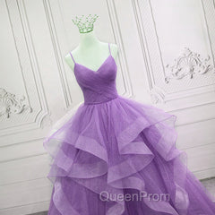 Gorgeous Purple Straps Layers Tulle V-neckline Long Evening Dresses, Light Purple Evening Prom Dresses