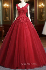 Gorgeous Red Ball Gown Sweet 16 Gown, Red Tulle with Lace Applique Party Dresses