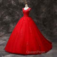 Gorgeous Red Tulle Ball Gown Long Evening Dresses with Lace Flowers, Red Sweet 16 Dresses