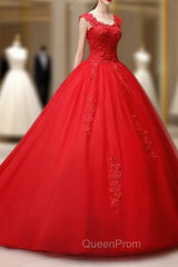 Gorgeous Red Tulle Ball Gown Long Evening Dresses with Lace Flowers, Red Sweet 16 Dresses