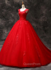 Gorgeous Red Tulle Ball Gown Long Evening Dresses with Lace Flowers, Red Sweet 16 Dresses