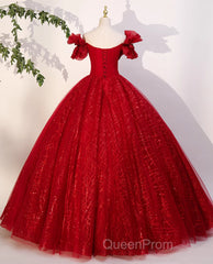 Gorgeous Red Tulle Ball Gown Off Shoulder Sweet 16 Dresses, Red Long Formal Dresses