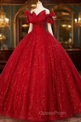 Gorgeous Red Tulle Ball Gown Off Shoulder Sweet 16 Dresses, Red Long Formal Dresses