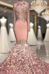 Gorgeous Round Neck Flower Long Sleevess Sequins Mermaid Evening Prom Dresses