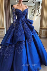 Gorgeous Royal Blue Lace Ruffled Evening Prom Party Gowns| Strapless Sweetheart Beads Quinceanera Dresses