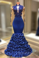 Gorgeous Royal Blue Evening Prom Dresses Long Sleevess Evening Gowns with Rose Flowers