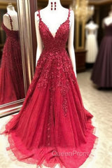 Gorgeous Spaghetti Strap Applique Evening Prom Dresses Red Tulle Sleeveless Evening Dresses