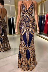 Gorgeous Spaghetti-Straps Sequins Mermaid Evening Prom Dresses Long V-Neck