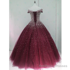 Gorgeous Sparkle Burgundy Off Shoulder Sweet 16 Gown, Burgundy Prom Dress
