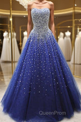 Gorgeous Strapless Blue Tulle Beaded Long Evening Prom Dresses, Beaded Blue Formal Evening Dresses, Beaded Ball Gown