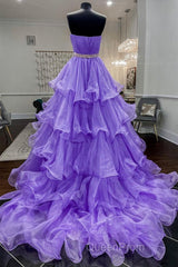 Gorgeous Strapless Layered Purple Tulle Long Evening Prom Dresses with Belt, Purple Formal Evening Dresses, Purple Ball Gown
