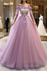 Gorgeous Tulle Off Shoulder Flowers Lace-Up Long Formal Dresses, Pink Evening Prom Dresses