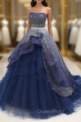 Gorgeous Tulle Strapless Beaded Long Layered Evening Dresses, Blue Evening Dresses Evening Prom Dresses