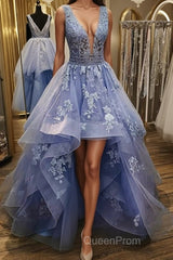 Gorgeous V Neck and V Back Blue Tulle Lace Long Evening Prom Dresses, Puffy Blue Lace Formal Evening Dresses
