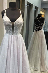 Gorgeous V Neck Backless Beaded Gray Tulle Long Evening Prom Dresses, Backless Grey Formal Graduation Evening Dresses