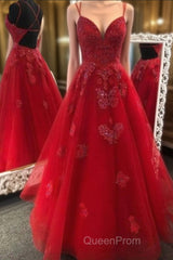 Gorgeous V Neck Backless Red Lace Appliques Evening Prom Dresses