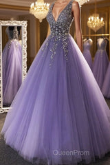 Gorgeous V Neck Beaded Purple Tulle Long Evening Prom Dresses, V Neck Purple Formal Evening Dresses, Purple Ball Gown
