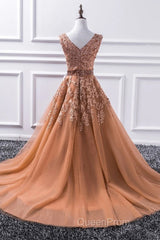 Gorgeous V Neck Champagne Lace Long Evening Prom Dresses, Champagne Lace Formal Graduation Evening Dresses