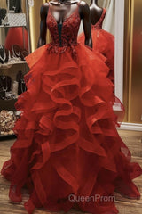 Gorgeous V Neck Open Back Red Lace Long Evening Prom Dresses, Red Lace Formal Evening Dresses, Red Ball Gown