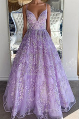 Gorgeous V Neck Thin Straps Purple Long Evening Prom Dresses, V Neck Purple Formal Evening Dresses, Purple Ball Gown
