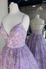 Gorgeous V Neck Thin Straps Purple Long Evening Prom Dresses, V Neck Purple Formal Evening Dresses, Purple Ball Gown