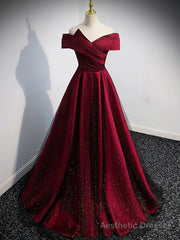 Gorgeous Wine Red Satin Off Shoulder Party Dress , Wine Red Prom Dresses