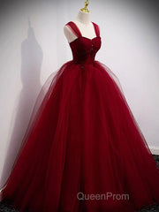 Gorgeous Wine Red Tulle Ball Gown Long Evening Prom Dresses Formal Dresses, Burgundy Sweet 16 Dresses