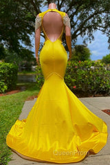 Gorgeous Yellow Long Mermaid Tassel Off the Shoulder Satin Backless Evening Prom Dresses with Ruffles