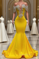 Gorgeous Yellow Long Mermaid Tassel Off the Shoulder Satin Backless Evening Prom Dresses with Ruffles