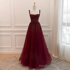 Gothic Burgundy Spaghetti Straps Sequins Beaded Formal Prom Dress Tulle Party Evening Dress