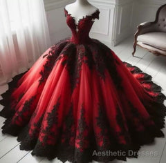 Gothic Red and Black Off the Shoulder Evening Dress Prom Dresses
