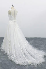 Graceful Long A-line Appliques Tulle Backless Wedding Dresses