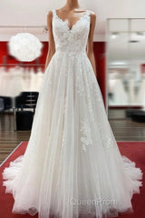 Graceful Long A-line Tulle V Neck Lace Open Back Wedding Dresses