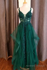 Hunter Green Flower Straps Deep V Neck Appliques Ruffles Long Prom Dress