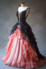 Gradient A-Line Tulle Lace Deep V Neck Long Evening Prom Dresses, Layered Beaded Evening Dresses