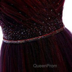 Gradient Beaded Wine Red Tulle Long Party Dresses, A-line Wine Red Evening Prom Evening Dresses