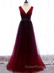 Gradient Beaded Wine Red Tulle Long Party Dresses, A-line Wine Red Evening Prom Evening Dresses