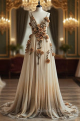 Gradient Champagne V-Neck Chiffon A-Line Evening Prom Dresses Three-Dimensional Rose Simple Wedding Dresses