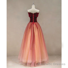 Gradient Red Tulle with Velvet Long Party Dress, Cute Floor Length Formal Dress