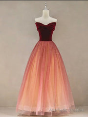 Gradient Red Tulle with Velvet Long Party Dress, Cute Floor Length Formal Dress