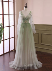Gradient Tulle Green Beaded Long Sleeves Party Dresses, Green Evening Dresses