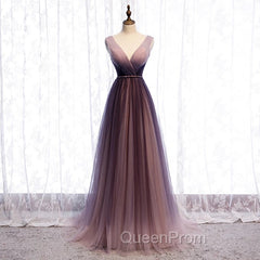 Gradient V-neckline Tulle Long Evening Prom Dresses Party Dresses, Gradient Evening Gown