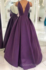 Grape Purple Satin V Neck Backless Long Evening Prom Dresses