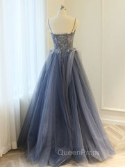 Gray A Line Lace Tulle Long Evening Prom Dresses, Gray Evening Dresses