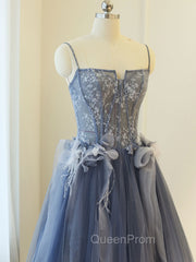 Gray A Line Lace Tulle Long Evening Prom Dresses, Gray Evening Dresses