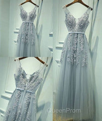Gray A-Line Lace Tulle Long Evening Prom Dresses, Lace Tulle Bridesmaid Dresses