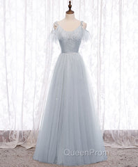 Gray A line Tulle Long Evening Prom Dresses, Gray Evening Bridesmaid Dresses