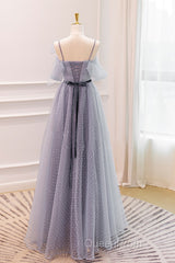 Gray A-Line Tulle Long Evening Prom Dresses, Gray Formal Evening Dresses