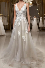 Gray A Line V Neck Lace Appliques Tulle Long Evening Prom Dresses, Lace Gray Formal Dresses, Evening Dresses 2019